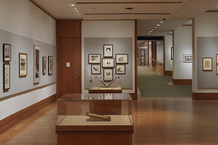 A gallery room with framed prints on all sides. In the center of the room, two glass cases each feature one object.