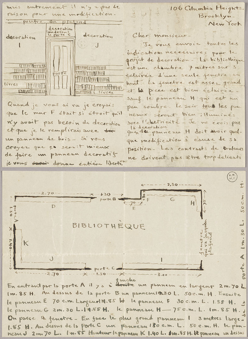 A letter in french on off white paper in brown ink. There is a diagram of a library. 