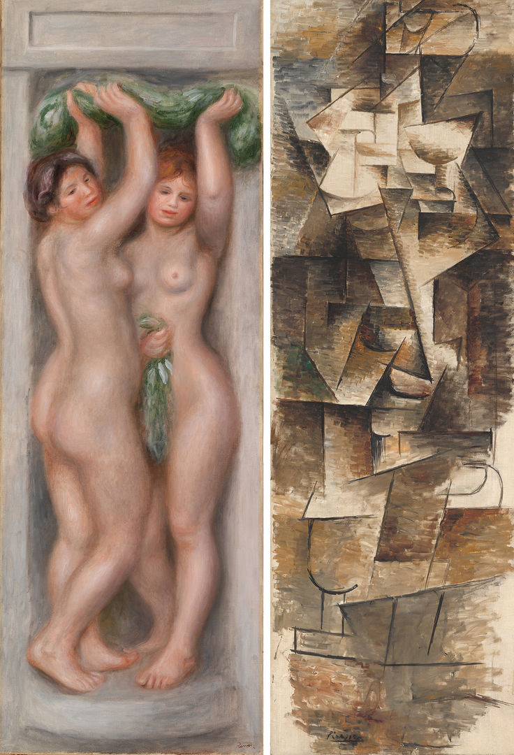 Image to the left: Two naked white women standing next to each other in a niche looking like they are holding up a great plant . Image to the right: abstract cubist image with a lot of whites, browns, and greys and lines everywhere. 