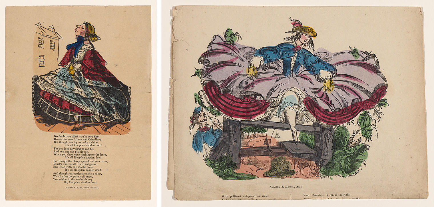 Two colorful images, each with one woman dressed in a hoop skirt of crinoline with a red petticoat. The image at left includes a poem.