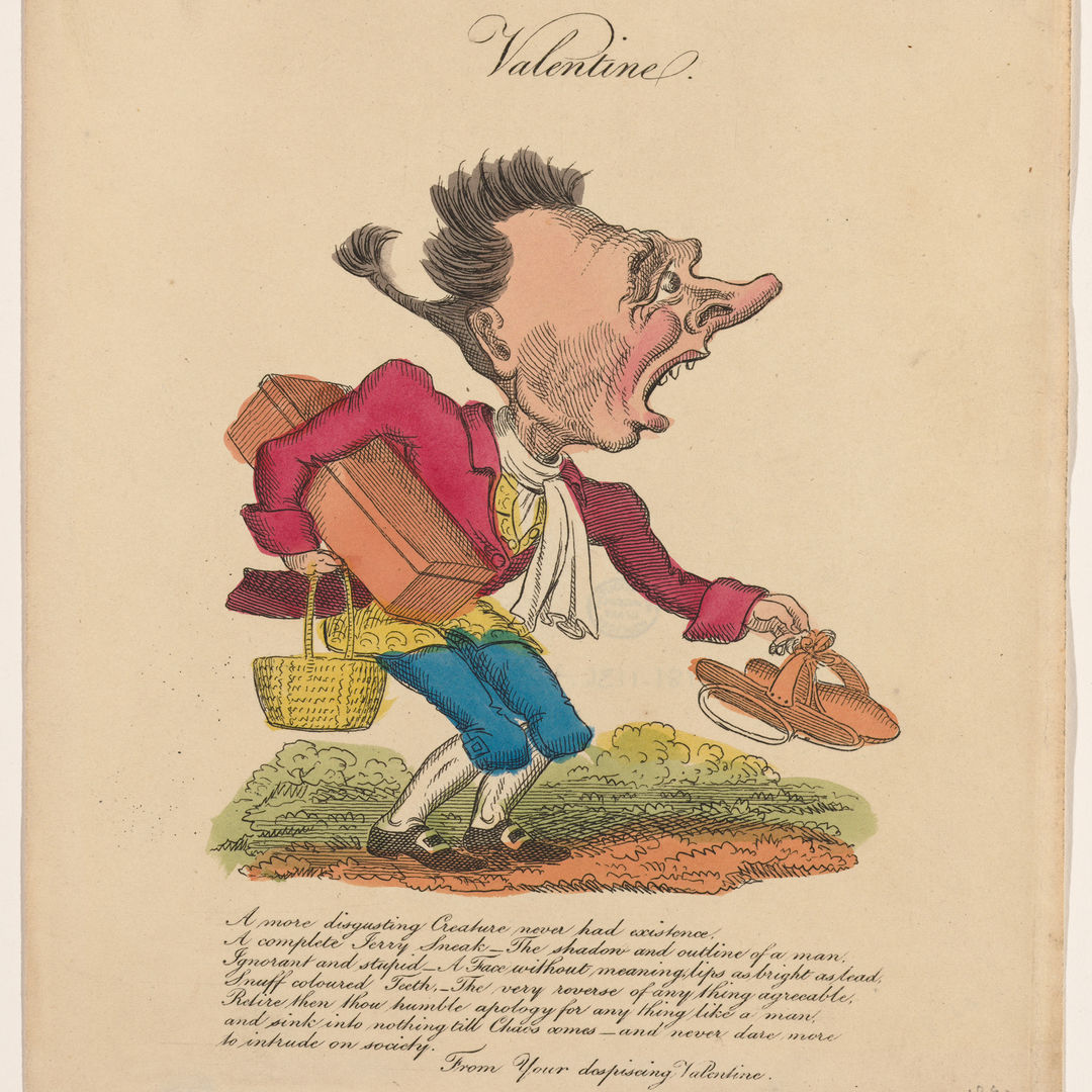 A man with a cartoonish face is laden with objects, with a critical poem written beneath him.