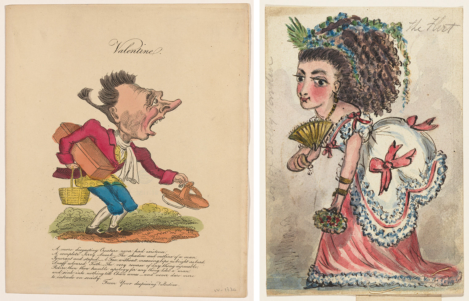 At left, a man with a cartoonish face is laden with objects, with a critical poem written beneath him. At right, a woman in a pink and white gown adorned with bows and ruffles turns towards the viewer, holding a fan in her right hand. 