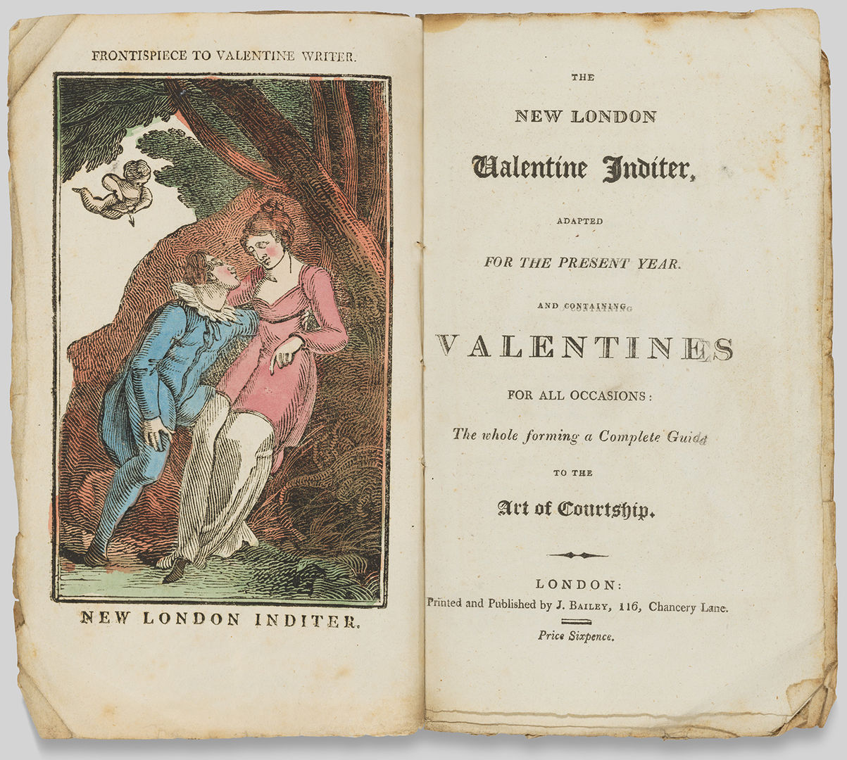 A book is opened to the frontispiece and title page. The frontispiece shows a blushing couple entangled at the base of a tree. 