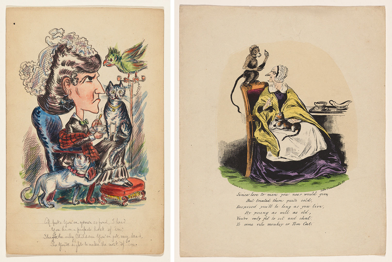 At left, a frowning, elderly woman sits in a chair, surrounded by a green parrot and two cats at her knees and skirt, respectively. At right, an elderly woman sits with a cat in her lap, looking upwards at a monkey on the back of her chair.