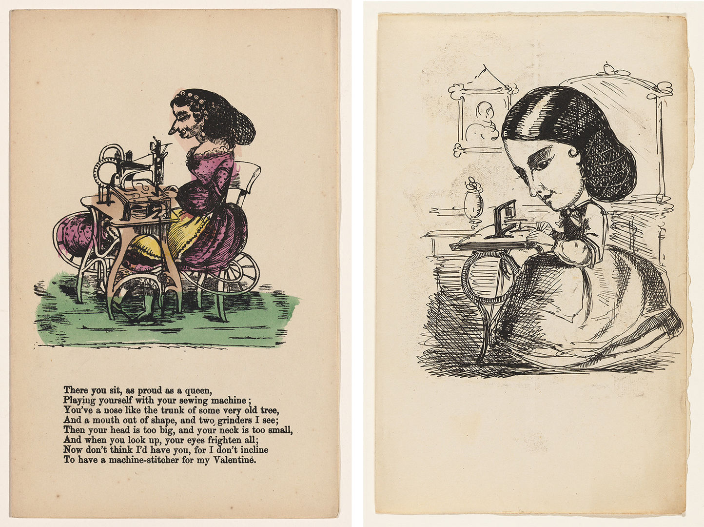 Two images of women seated at sewing machines. The image at left is colored, and includes a poem.