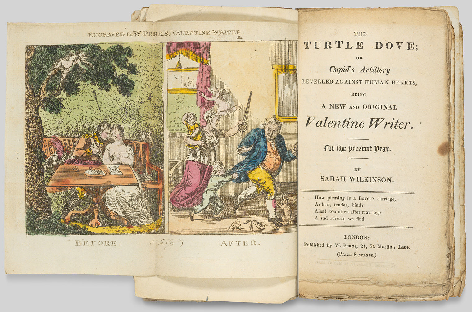 A book is opened to the frontispiece, with two before/after images, and title page. The left panel of the frontispiece shows a happy young couple seated at a table in a garden, while the right panel shows the woman, baby in arms, chasing angrily after the man with children tugging at their feet. 