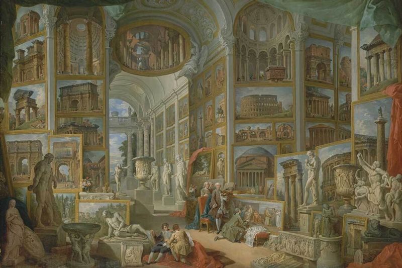 A painting of a vast room filled with paintings