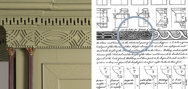 Detail of the overmantel in the Haverhill Room and a detail from a design book showing the inspiration for the design
