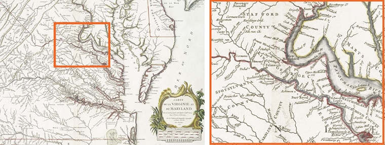 King George County, Virginia, as shown on a 1775 map by Joshua Fry and Peter Jefferson. 