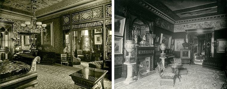 Composite image of two elaborately furnished rooms from a late-19th-century New York townhouse: the bedroom and the drawing room.