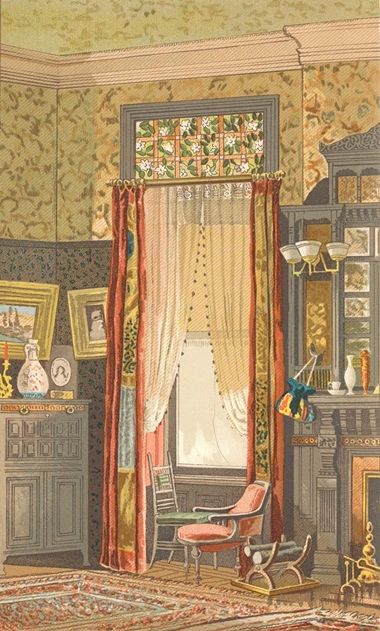 Louis C. Tiffany print of a window with billowing curtains and floral-patterned stained glass at the top.
