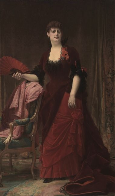 Painted full-length portrait of a young Arabella Worsham Huntington wearing a red dress and holding a red fan
