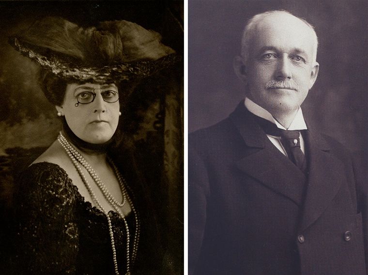 Composite image. On left, a photograph of Arabella Worsham wearing glases, pearl necklaces, and a large hat. On right, a photograph of Henry Huntington wearing a suit and tie.