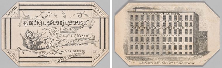 Composite image. On left, business card for the George A. Schastey company, with the address and a drawing of a bird-like creature. On right, the opposite side of the business card featuring a drawing of the factory with the words "Geo. A. Schastey, fine furniture, architectural woodwork, interior decorations, curtains & upholstery."