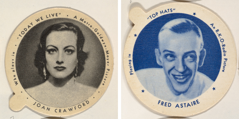 1930s ice cream lids featuring the images of Joan Crawford (left) and Fred Astaire (right)