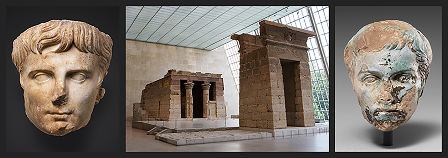 A composite image, in the center is an Egyptian temple as installed in The Met, with a bust of Emperor Augustus on either side