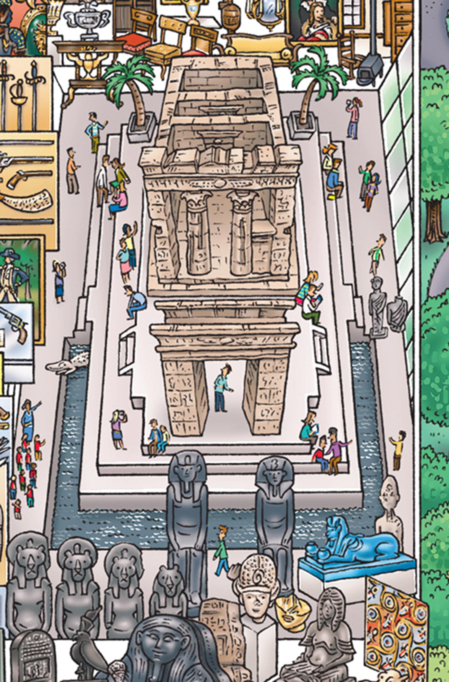 An illustration for children showing an Egyptian temple inside The Met