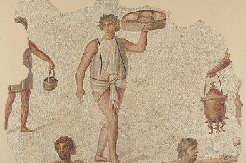 Ancient roman mosaic depicting daily life, with a central figure of a man in a tunic carrying a tray of bread. surrounding him are smaller figures engaged in various tasks, including carrying a basket and a pot.
