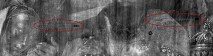 Detail from the X-radiograph of the Copenhagen Adoration. Horizontal dowels are circled in red