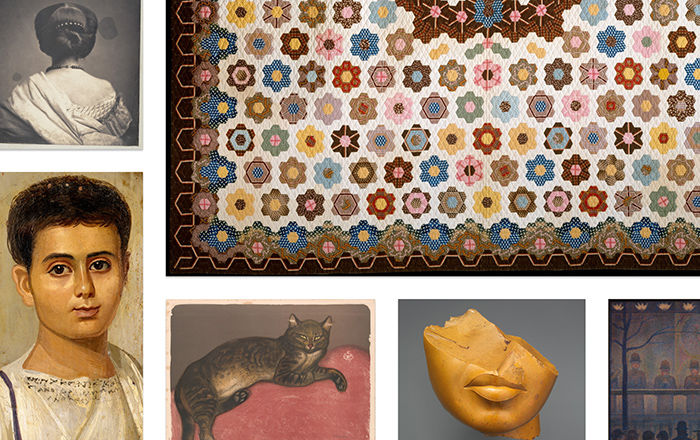 Composite image of several Open Access artworks including a honeycomb patterned quilt, a pointillist painting, an Egyptian head fragment, a cat illustration, and two portraits