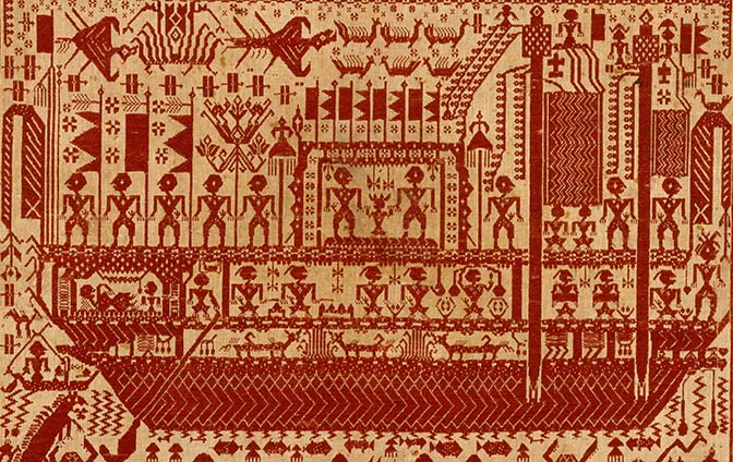 The image of a people and animal on a ship from a ceremonial Lampung textile