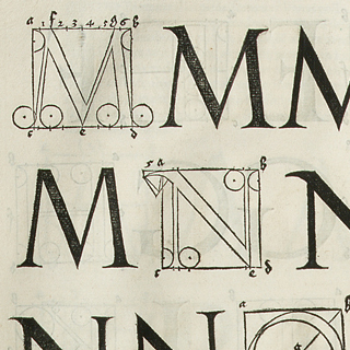 Detail of a page illustrating methods of constructing letterforms, featuring capitals M and N, from the 1535 Parisian publication of Albrecht Durer's "Institutionum Geometricarum"