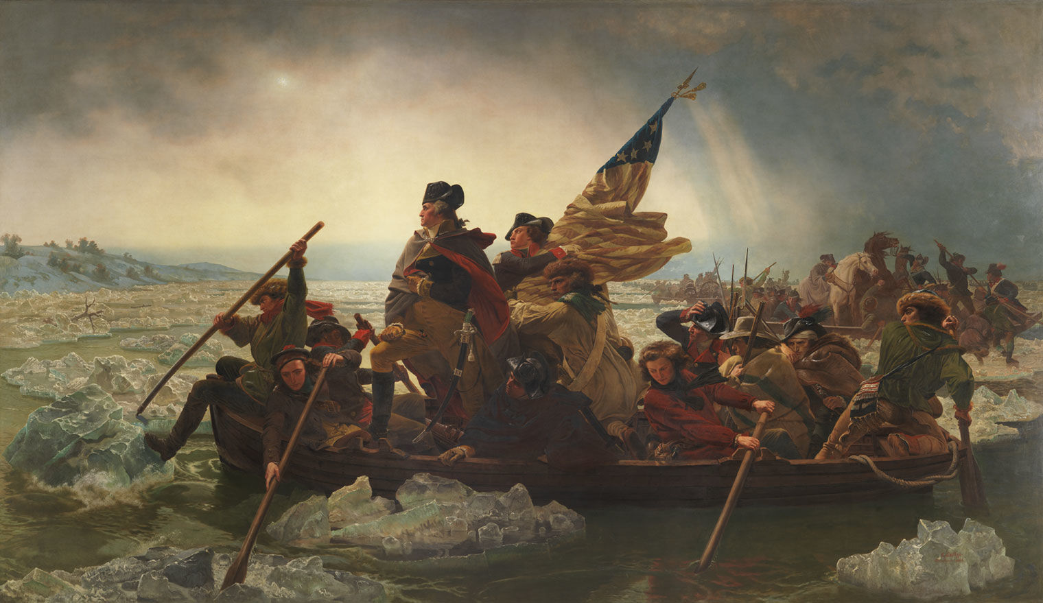 A majestic painting of a boat being rowed across an icy river, with George Washington standing in the front