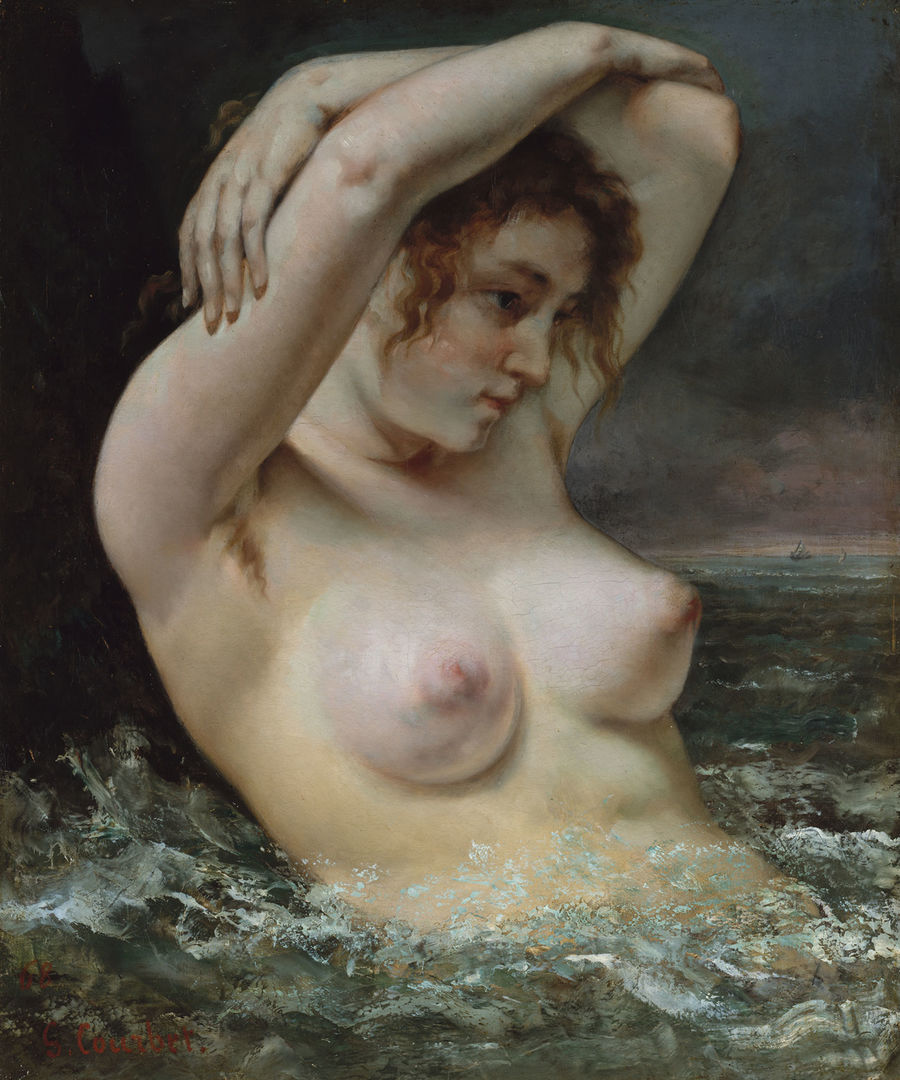 A painting of a nude woman with hair under her arms, seated in the ocean