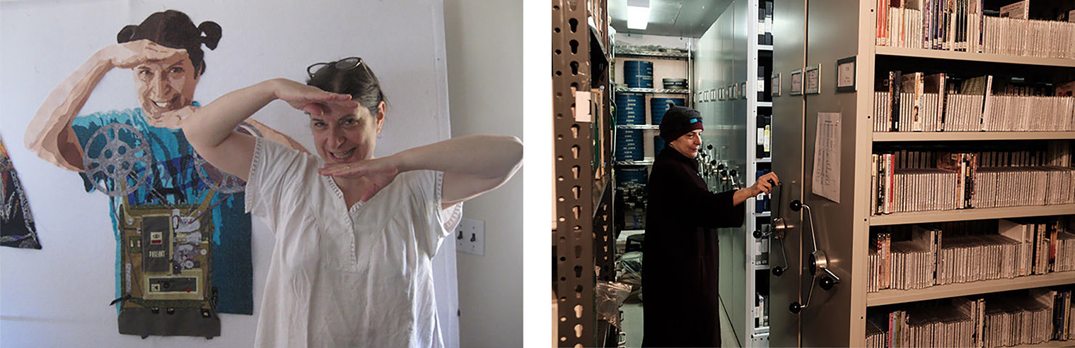 Left: A photo of the author in front of her tapestry. Right: A photo of the author in cold storage