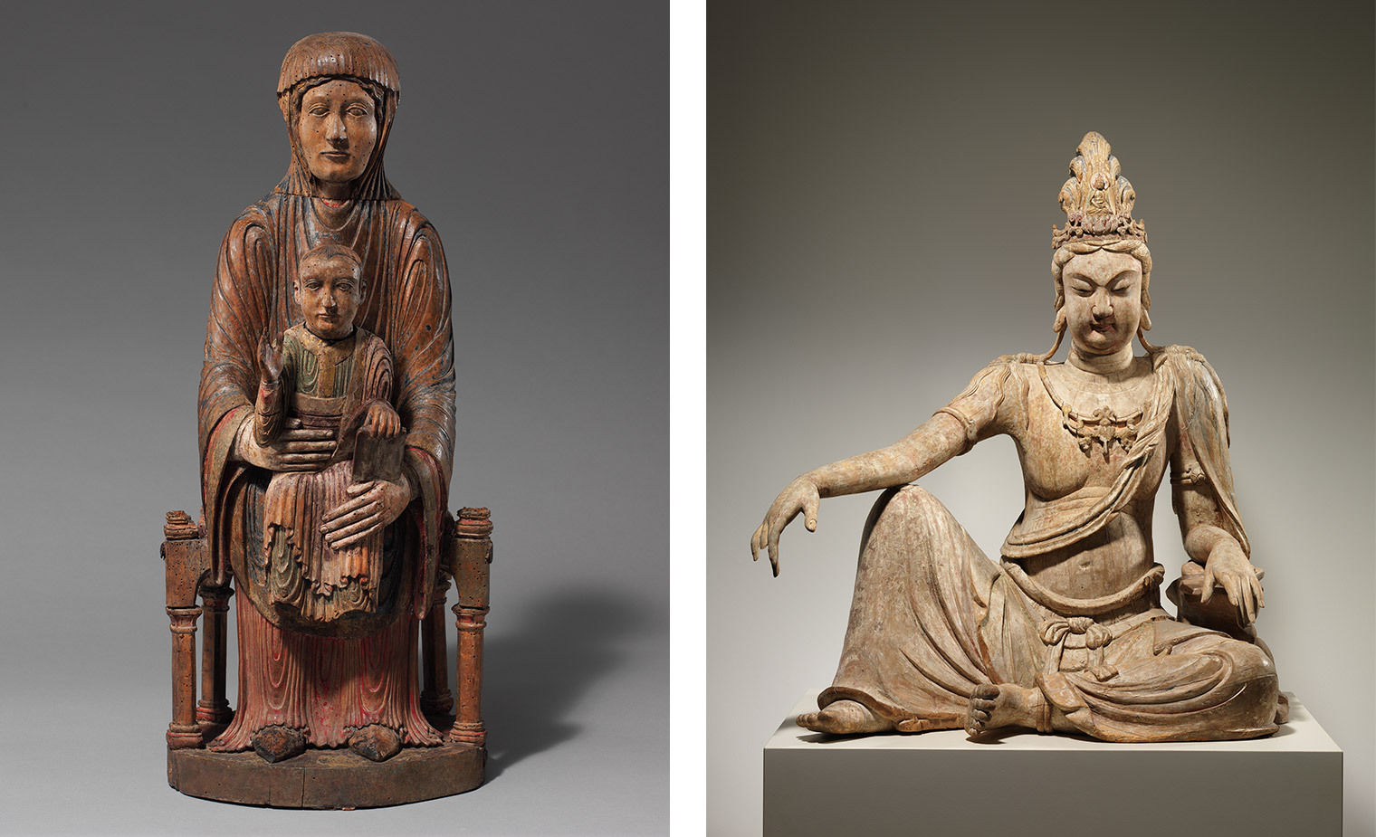 Left: A wooden sculpture of a woman holding an infant child. Right: A stone sculpture of a lounging figure