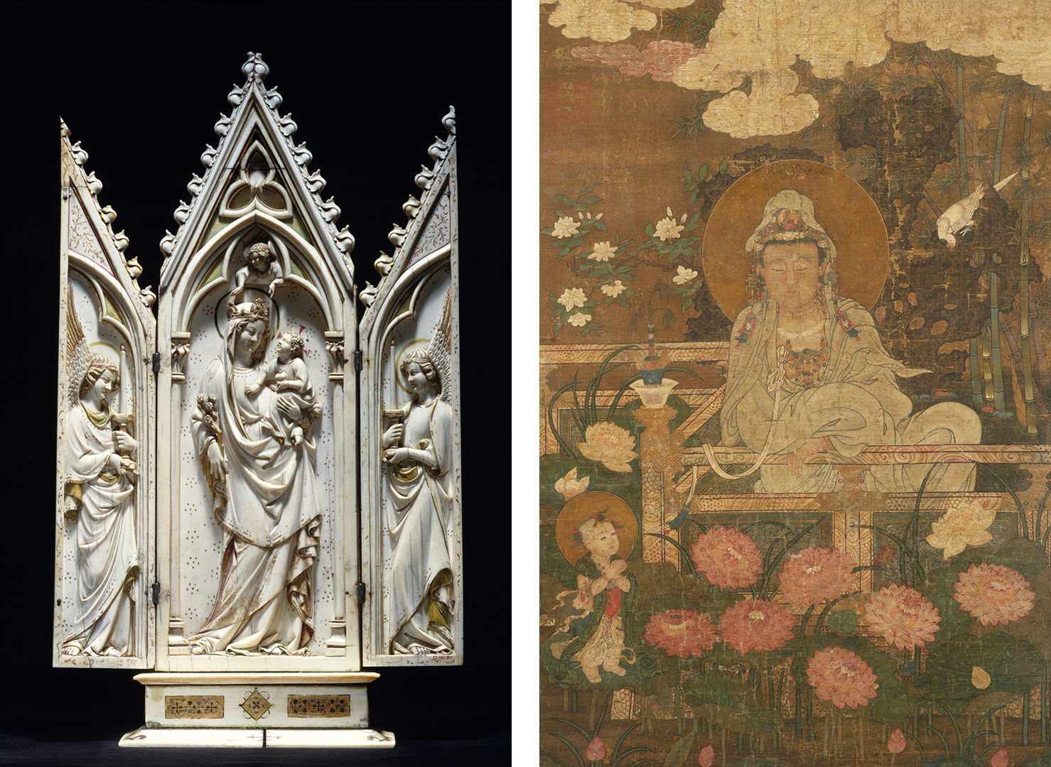 Left: an ornate shrine depicting a mother and child. Right: a tapestry depicting a woman in a garden