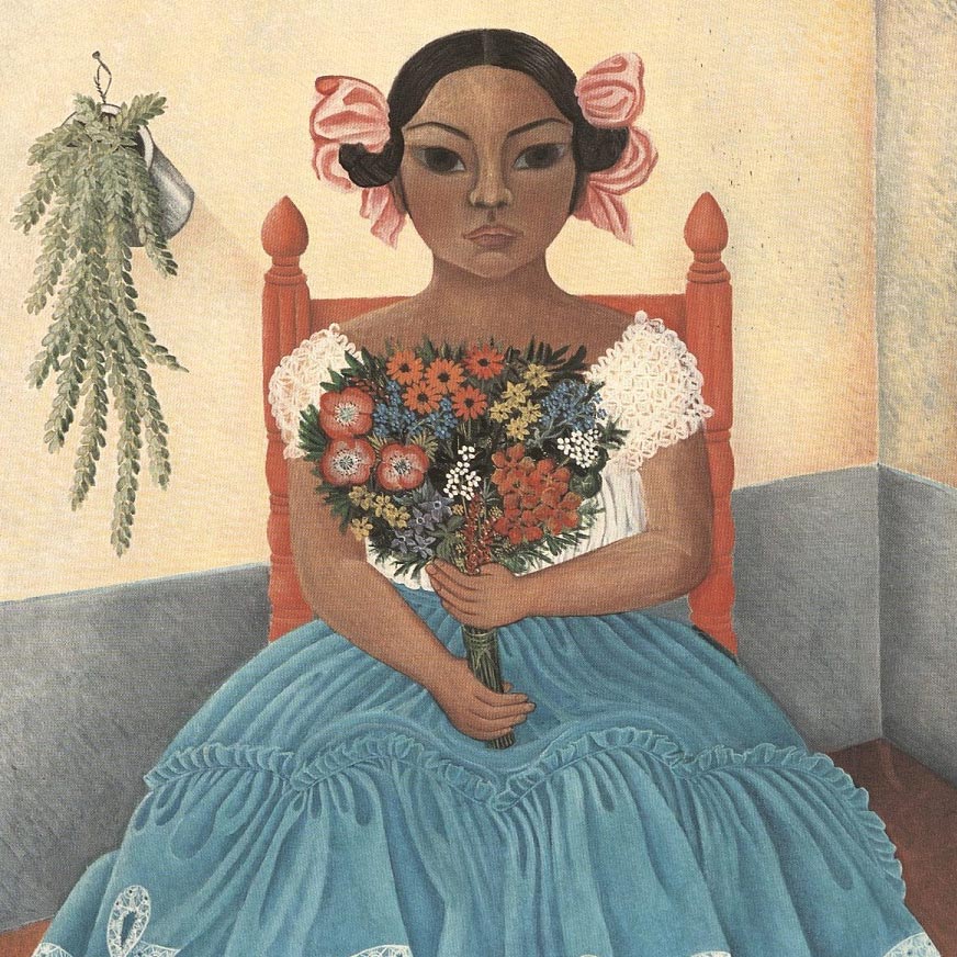 Portrait painting of a seated young woman holding a bouquet of flowers and wearing a white blouse and full blue skirt with white lace edging