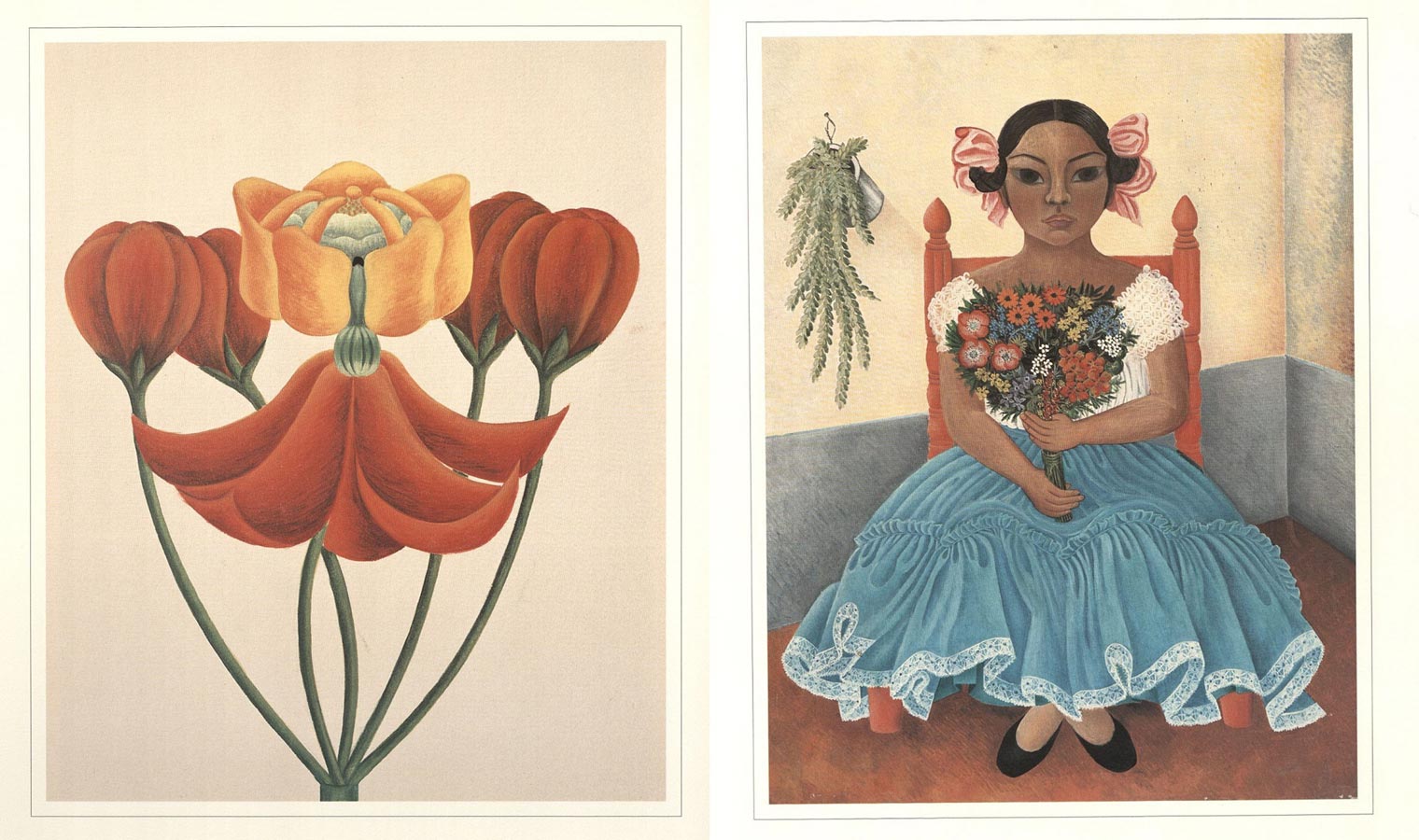 Left: painting of red and yellow flowers. Right: painting of a young seated woman holding a bouquet of flowers, wearing a blue skirt with white lace edging 