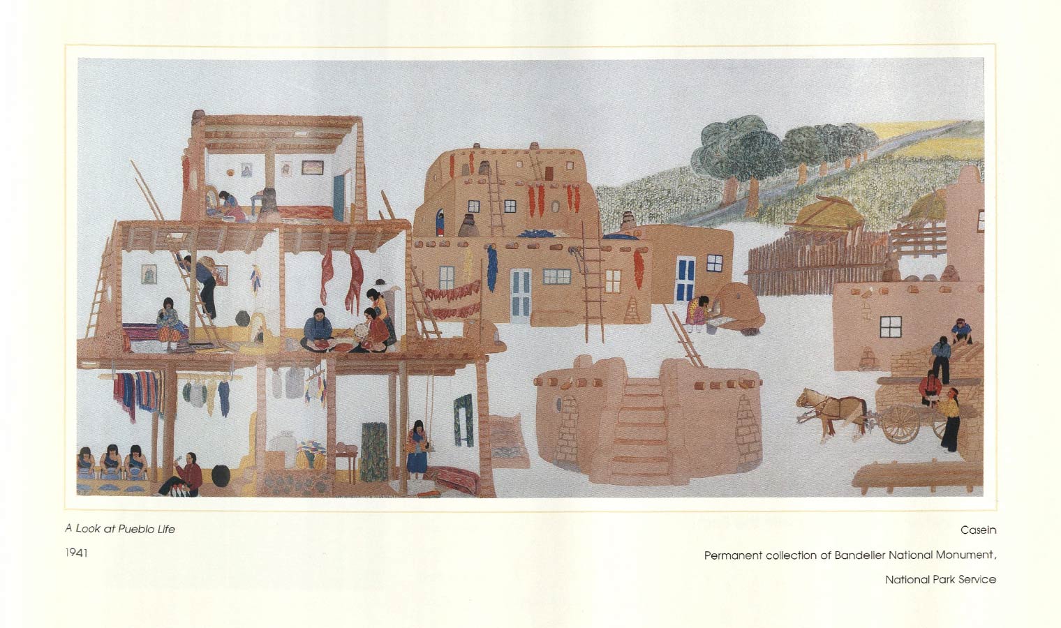 Painting "A Look at Pueblo Life" showing homes, furnishings, and people engaged in various routine activities
