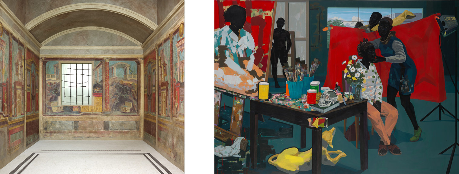 Image composite of a florally painted room and various figures in an artist studio