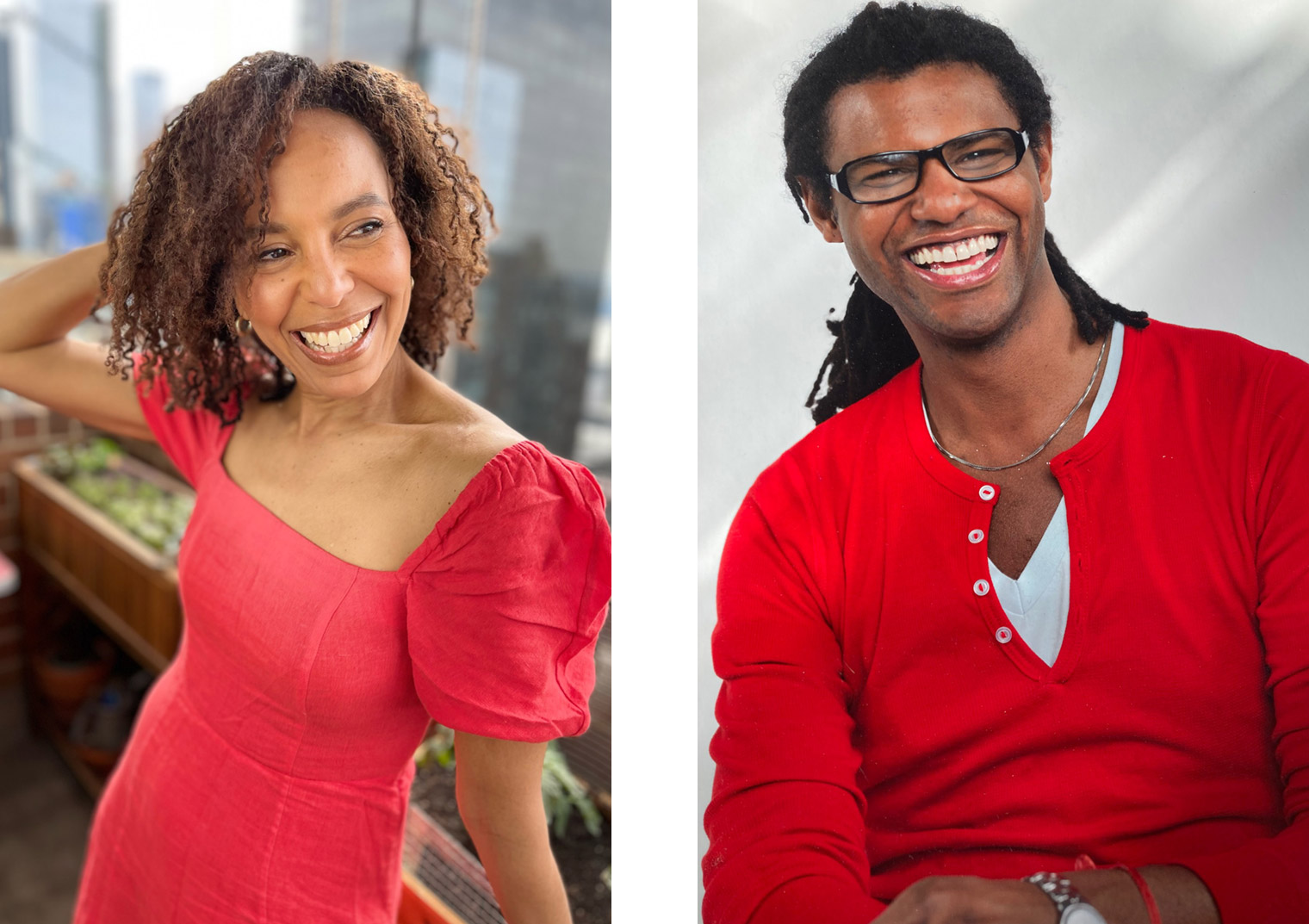 Composite of two headshots: one of a woman in a red dress and on the right a man wearing a red button down shirt