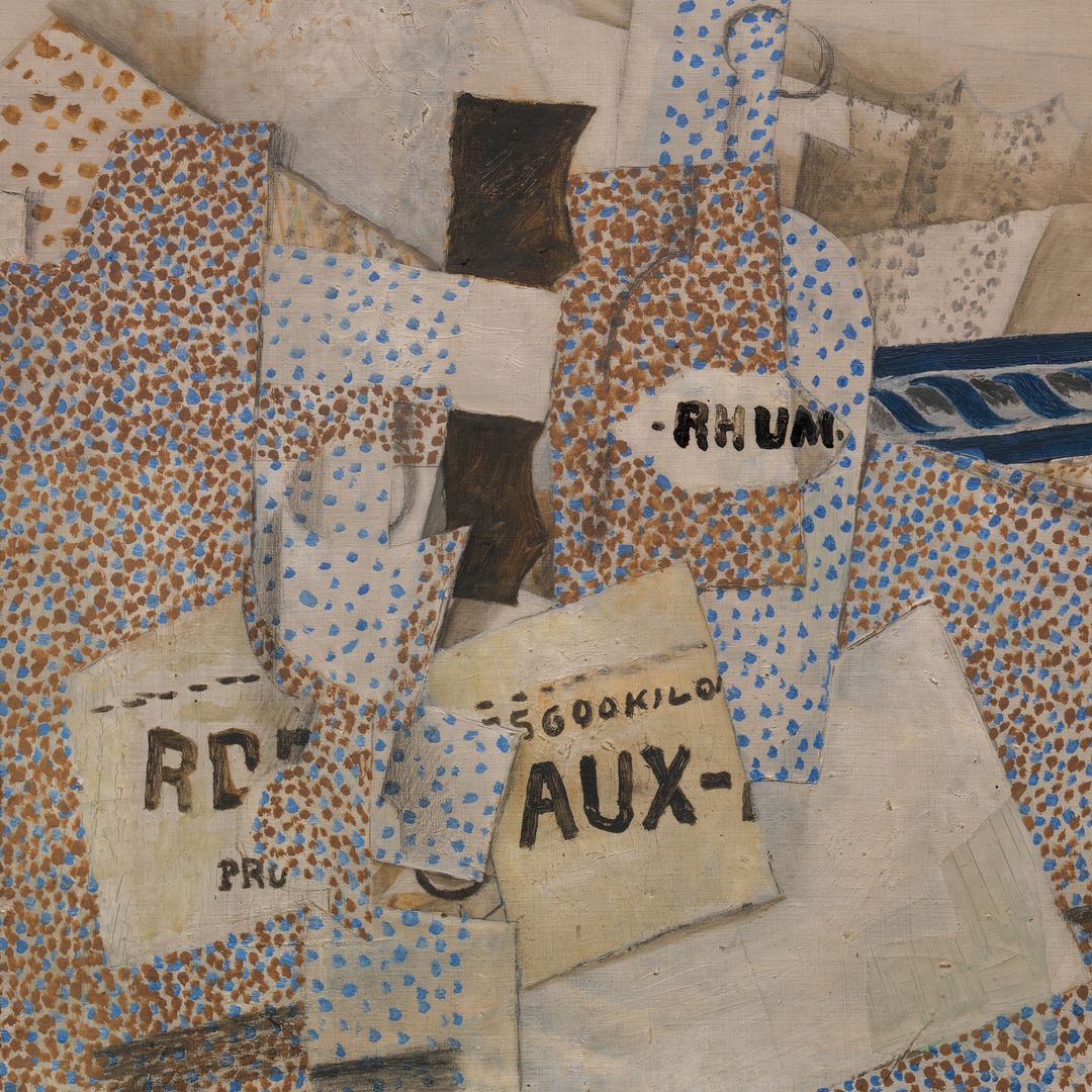 Oil painting which imitates layered paper and rum labels with red and blue dots throughout