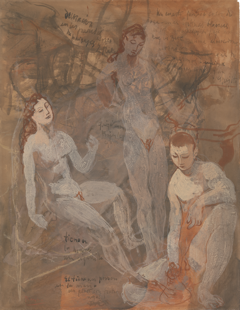 Painting of two nude women and one nude man with earlier sketches and inscription in the light brown background 