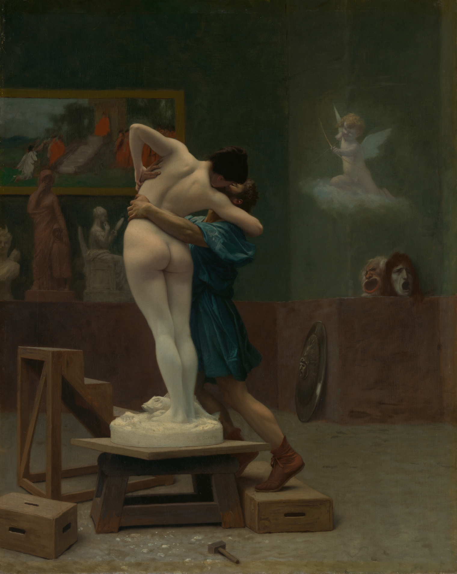 Painting of a studio setting where a man kisses a female sculpture that is brought to life by the goddess Venus, in fulfillment of Pygmalion’s wish for a wife as beautiful as the sculpture he created.