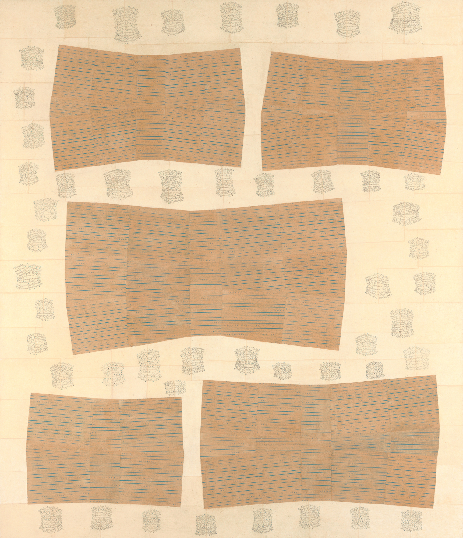 Painting of multiple sheets of drawn paper pasted in rows. Small line drawings of thick lips are embedded throughout this composition 