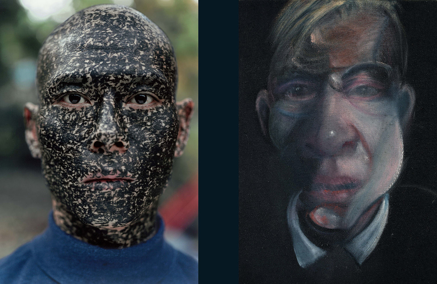 At left, portrait of a figure whose face, scalp, ears, and neck are covered in dark ink. They wear a blue turtleneck. At right, a portrait of a man with exaggerated large features, a swoop of hair, and a white collar, distorted like a fun house mirror.
