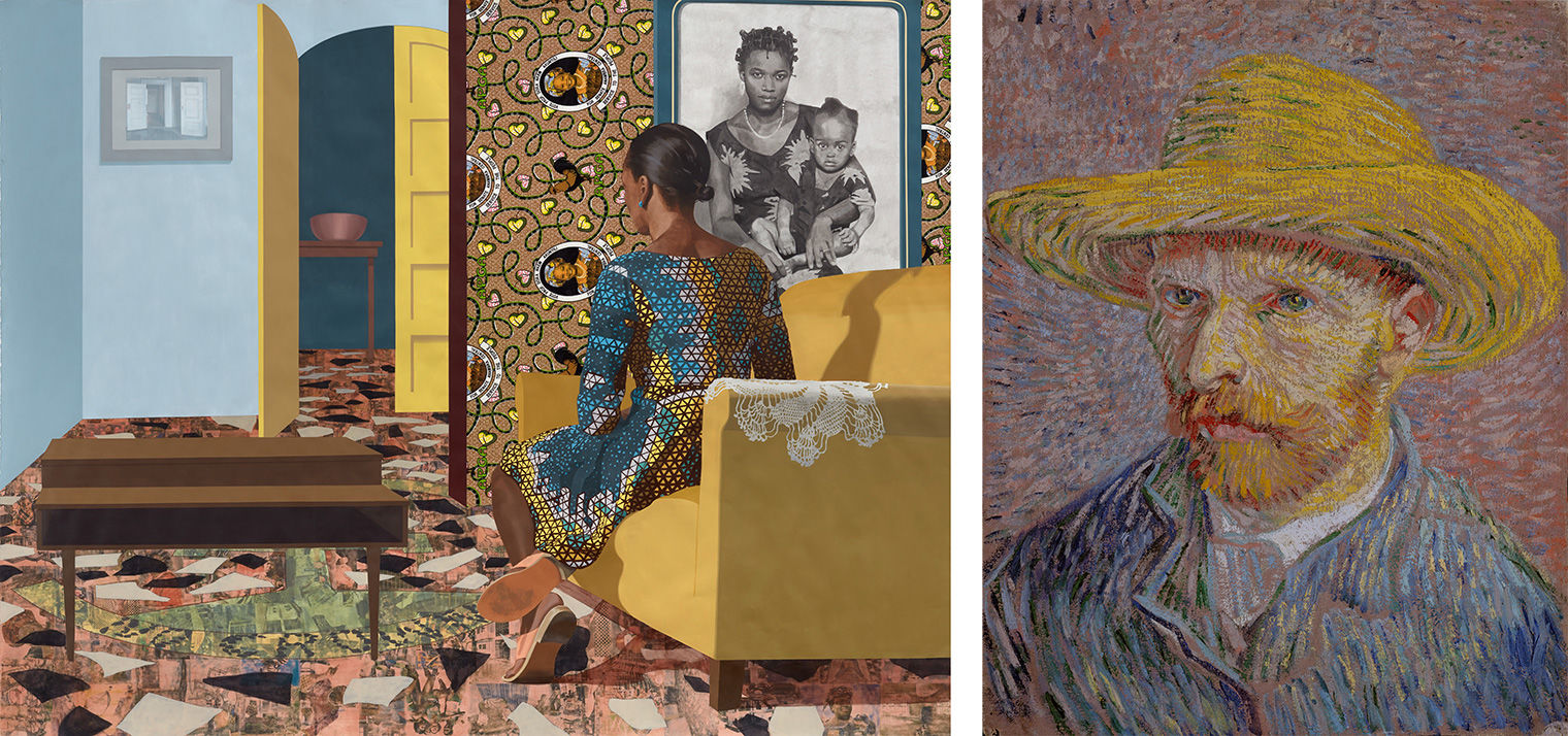 At left, a woman sits on a couch with her back to the viewer. The room is accented by portraits, and whimsical and geometric designs. At right, a self-portrait of Vincent van Gogh. He wears a yellow hat and blue jacket painted in thick, heavy strokes.