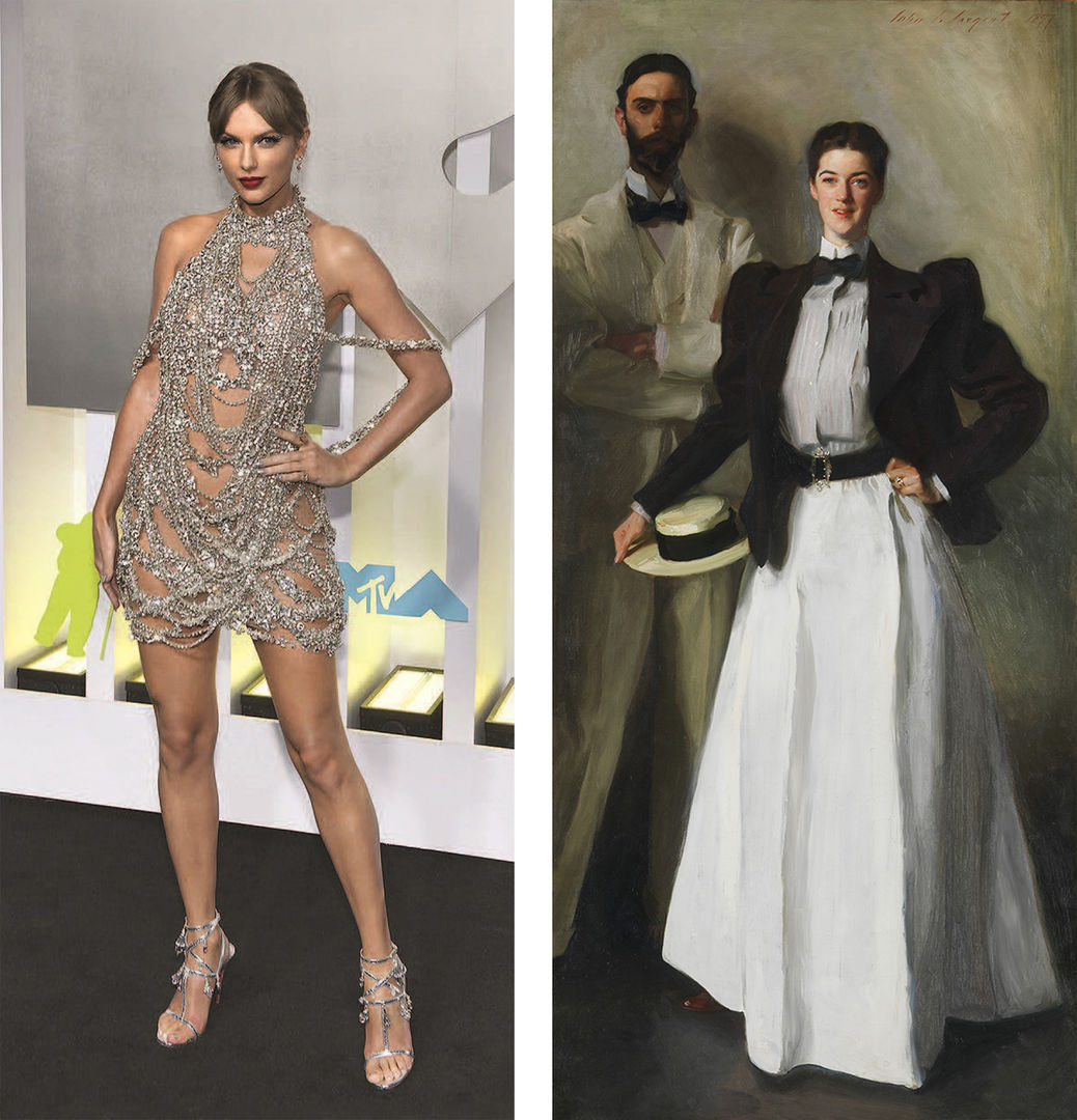 Two images of women posed with a hand on their hip and weight shifted to one side. At left, a photograph of Taylor Swift. At right, a portrait of Mrs. I. N. Phelps posing with a hat on her right hip and her hand on her left. Her husband stands, arms crossed, behind her right shoulder.