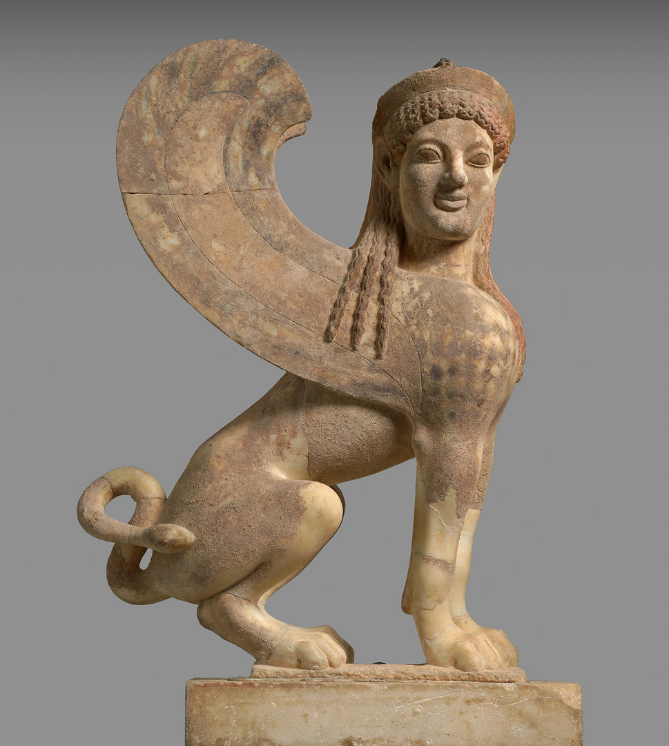 Marble sphinx. Depicted as a winged female, she is turned towards the viewer. Her wings bear the traces of colorful pigments dulled with time.