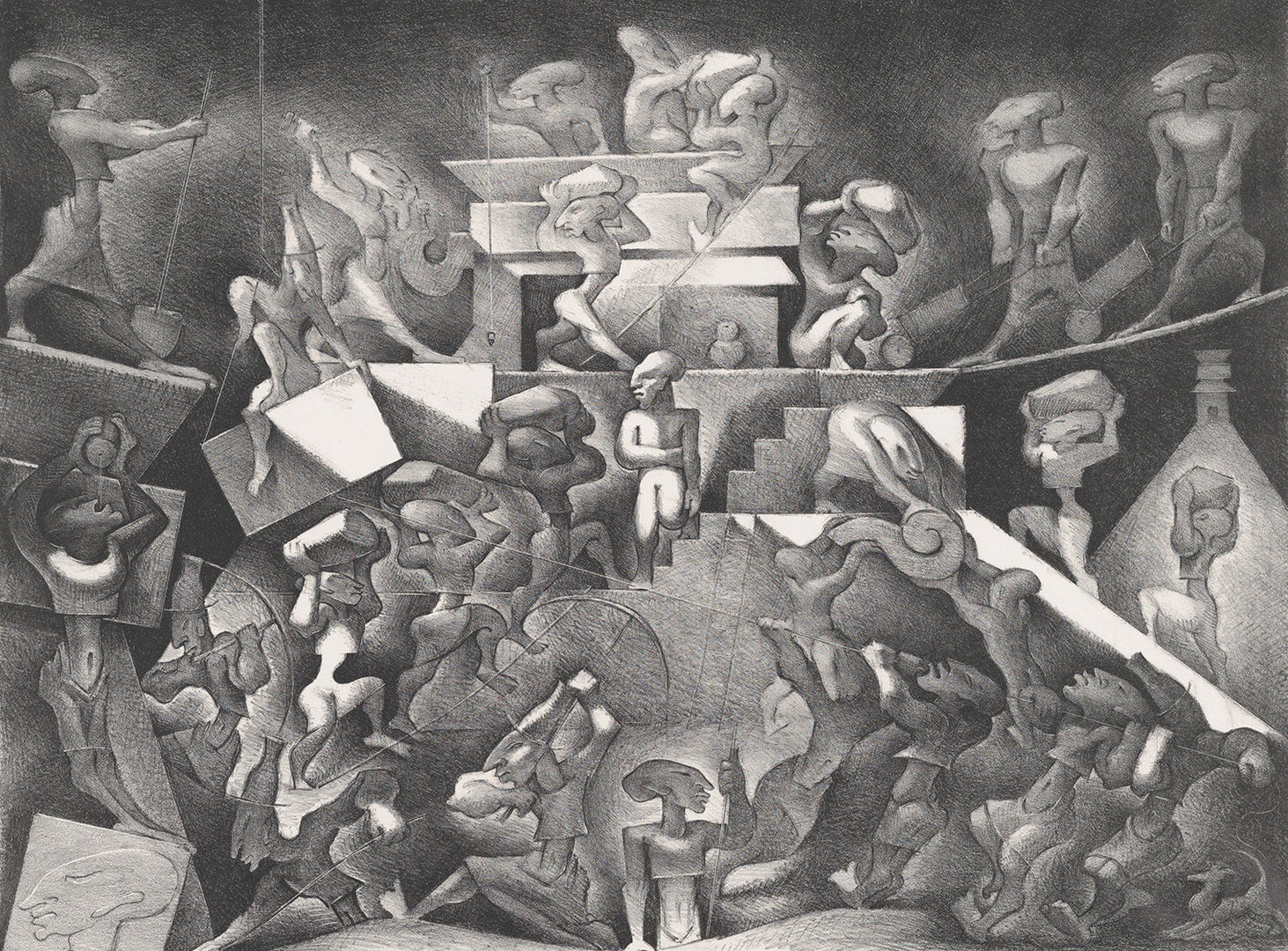 A drawing depicting a diverse group of individuals gathered in a room, engaged in conversation and interaction.