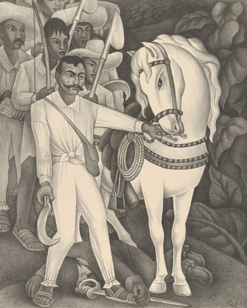 A detailed black-and-white drawing featuring a central figure standing next to a white horse. 