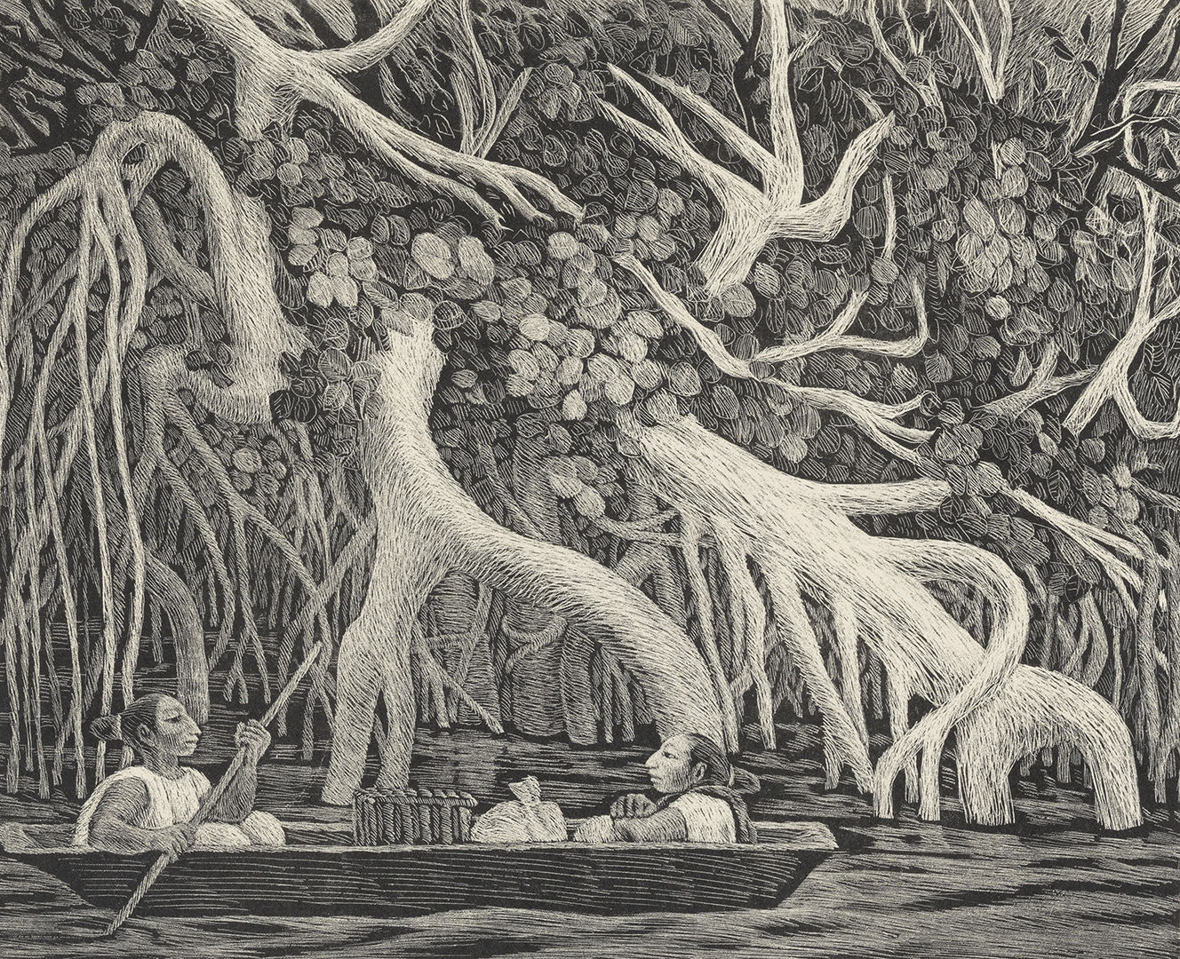 A drawing depicting individuals in a boat navigating a river surrounded by lush trees on either side.  