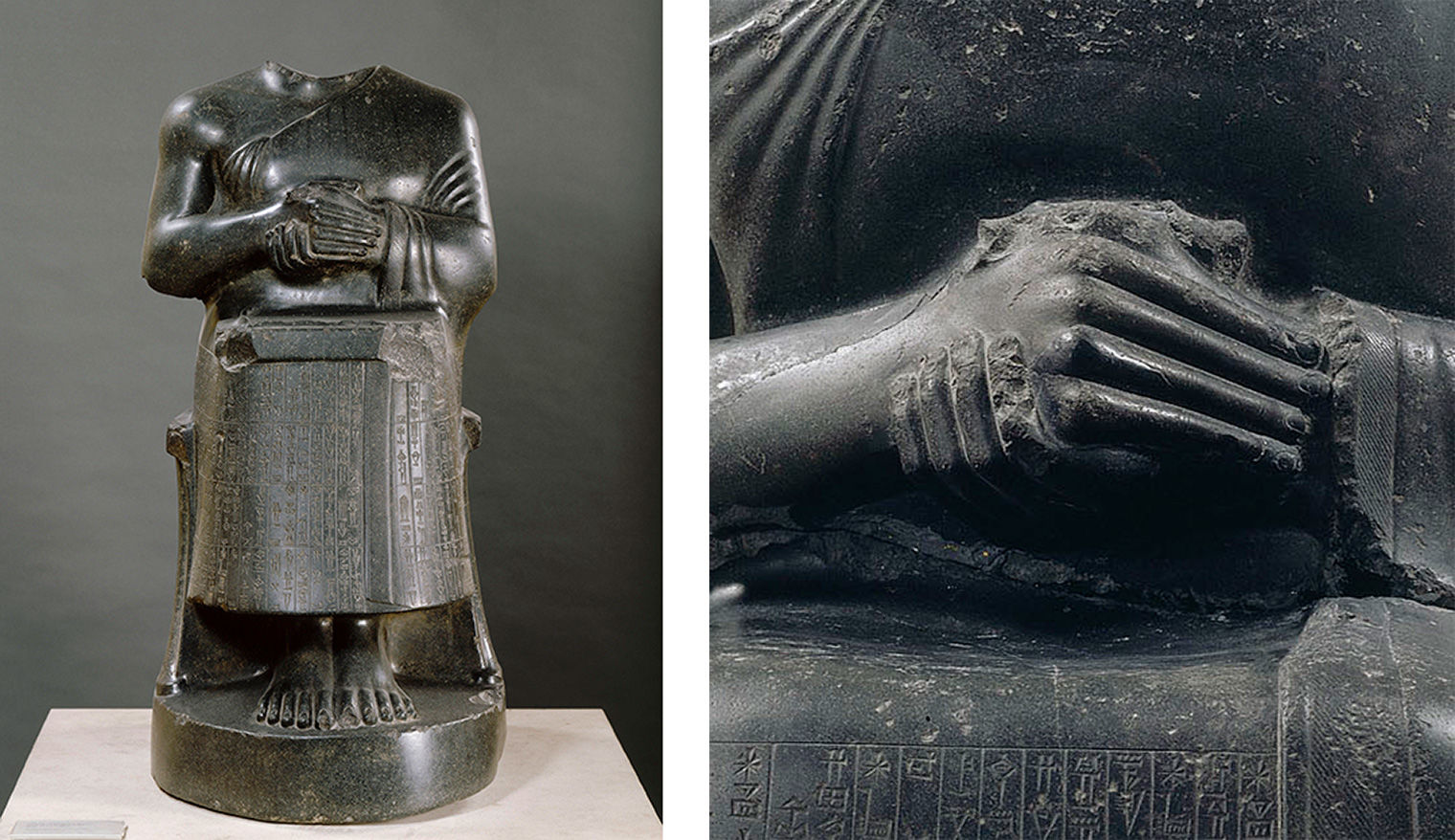 Two images of Gudea statues from the Louvre. At left, a headless Gudea sits with his hands clasped. At right, a closeup of Gudea's clasped hands.